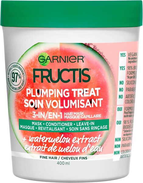 Garnier Fructis Masque capillaire repulpant et donne du volume aux cheveux fins et fins, friandises capillaires, pastèque, 400 ml (Disco.)